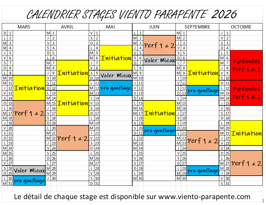 calendrier stages Viento Parapente 2026