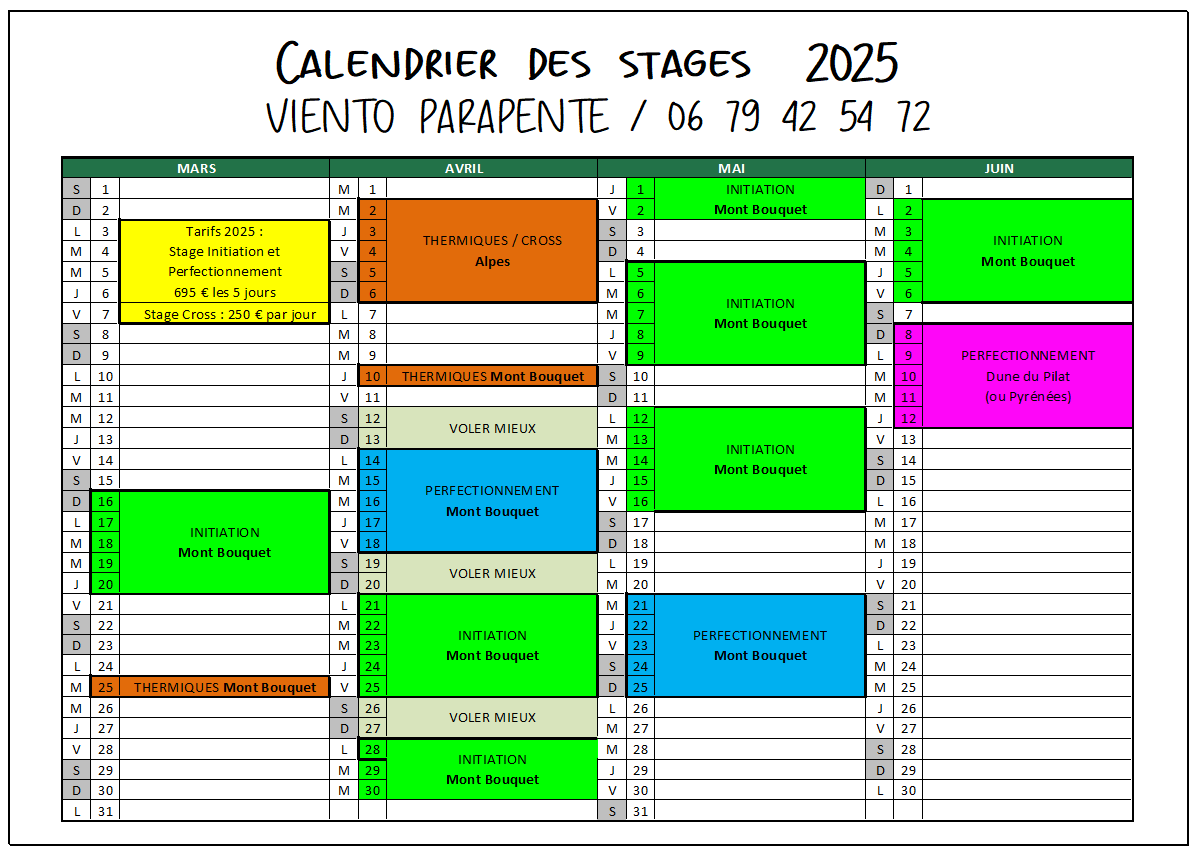 Planning 2025 Viento Parapente Gard Ardèche Voyage Initiation Perfectionnement Thermiques Cross